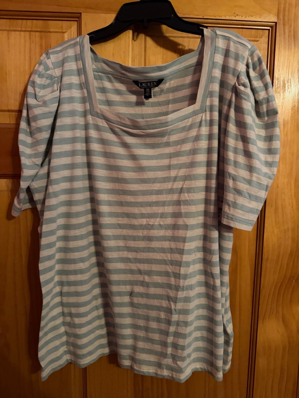 Lauren Ralph Lauren Light Blue and White Striped Short Sleeve Top